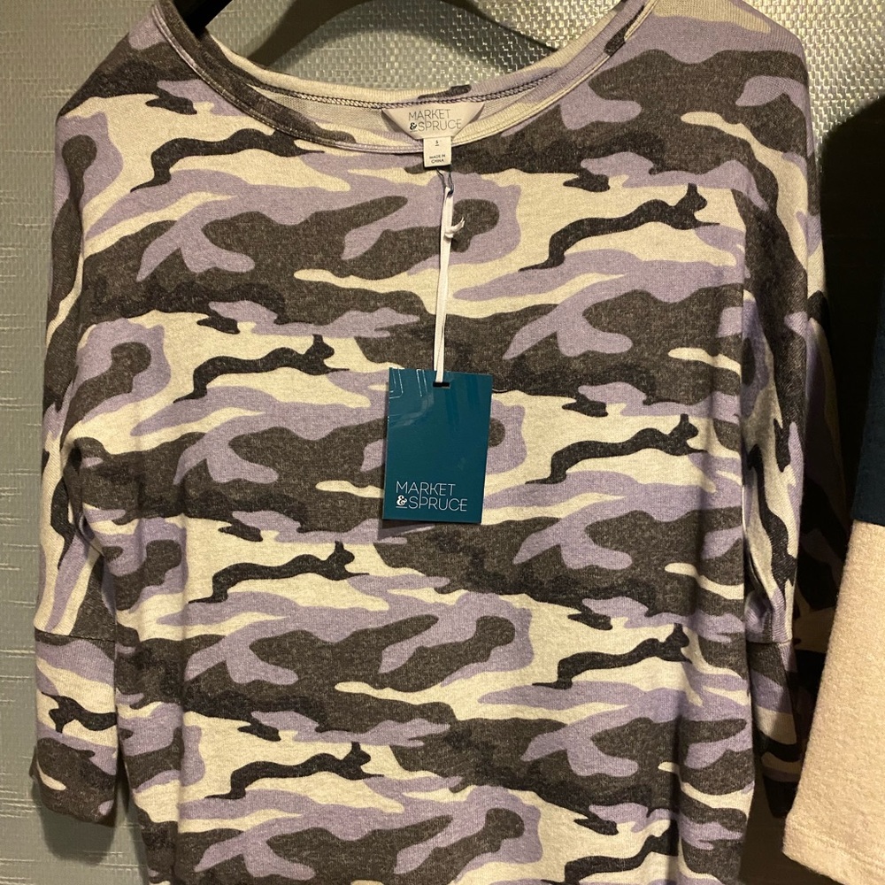 Corinna Brushed Dolman camo scoop neck top.